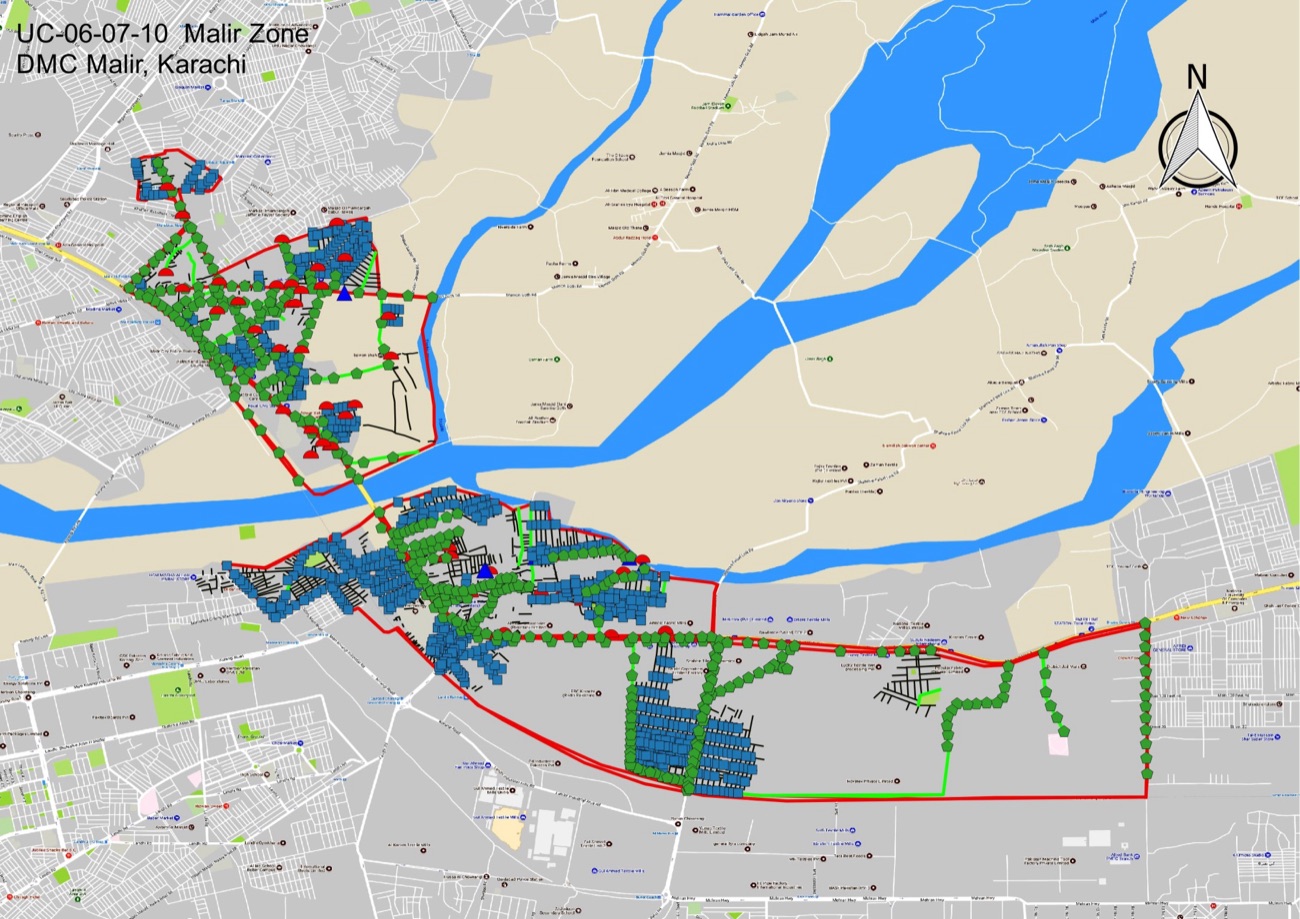 GIS survey map of waste collection routes and points, Malir Zone, Karachi